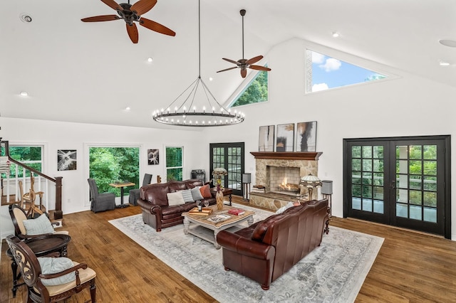 7871 Oscar Green Rd, Primm Springs, TN 38476 - living room with ceiling fan, high vaulted ceiling, french doors, and wood finished floors
