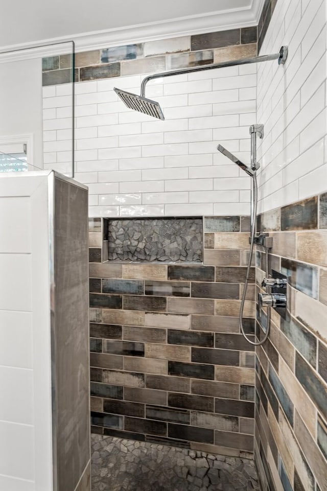7871 Oscar Green Rd, Primm Springs, TN 38476 - bathroom featuring crown molding and tiled shower