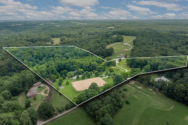 7871 Oscar Green Rd, Primm Springs, TN 38476 - aerial view of property and surrounding area featuring a heavily wooded area and property parcel outlined