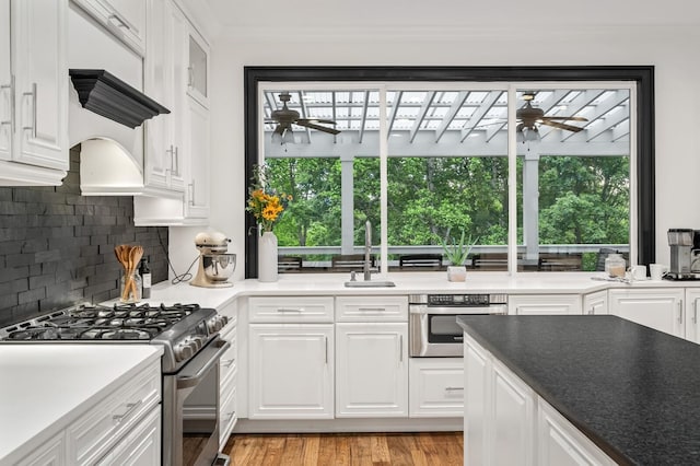 7871 Oscar Green Rd, Primm Springs, TN 38476 - kitchen with stainless steel appliances, ceiling fan, decorative backsplash, white cabinetry, and crown molding