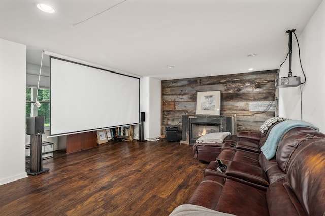 7871 Oscar Green Rd, Primm Springs, TN 38476 - cinema featuring wood finished floors, recessed lighting, a lit fireplace, and wood walls