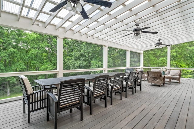 7871 Oscar Green Rd, Primm Springs, TN 38476 - deck featuring ceiling fan, outdoor dining space, a pergola, and an outdoor living space