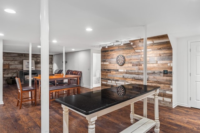 7871 Oscar Green Rd, Primm Springs, TN 38476 - dining room featuring wooden walls, wood finished floors, recessed lighting, and track lighting