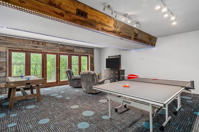 7871 Oscar Green Rd, Primm Springs, TN 38476 - recreation room with french doors, rail lighting, and carpet flooring