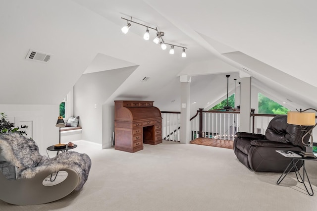 7871 Oscar Green Rd, Primm Springs, TN 38476 - living area featuring vaulted ceiling, track lighting, and carpet floors