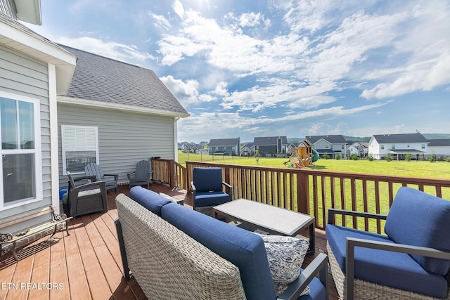 102 Chaseberry Rd, Oak Ridge, TN 37830 - wooden deck featuring an outdoor living space, a yard, a playground, and a residential view