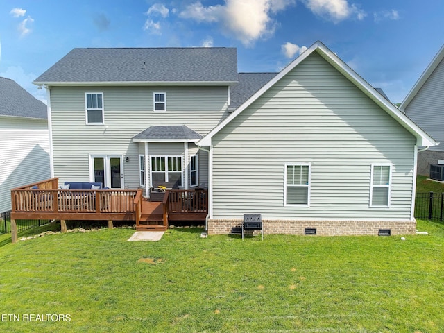 102 Chaseberry Rd, Oak Ridge, TN 37830 - back of property featuring crawl space, a lawn, a deck, and roof with shingles