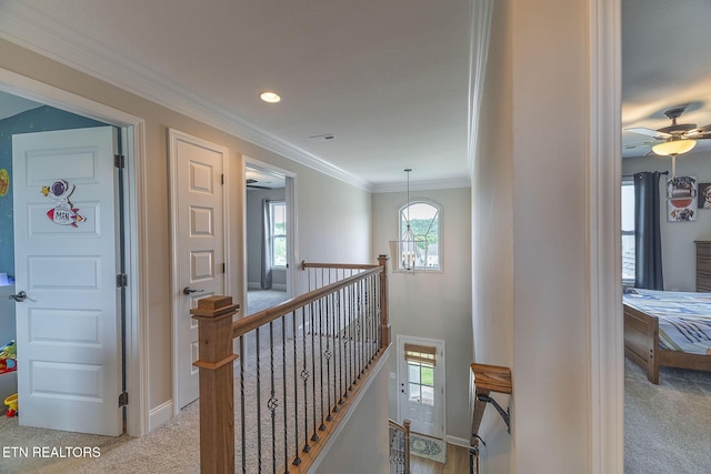 102 Chaseberry Rd, Oak Ridge, TN 37830 - hall with an upstairs landing, light colored carpet, and ornamental molding
