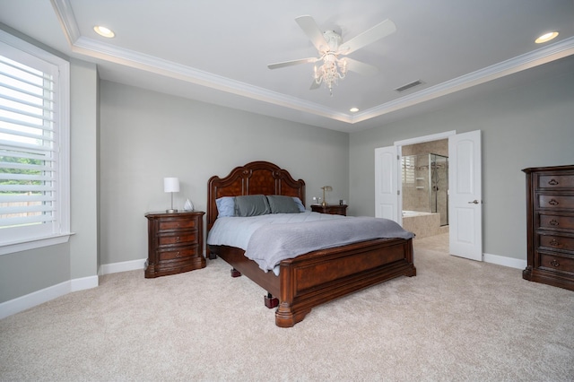 5407 Pisano St, Mount Juliet, TN 37122 - carpeted bedroom with ornamental molding, a raised ceiling, recessed lighting, ensuite bathroom, and ceiling fan
