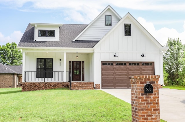 505 Depot St, Chapel Hill, TN 37034 - modern farmhouse featuring roof with shingles, board and batten siding, concrete driveway, a front yard, and covered porch