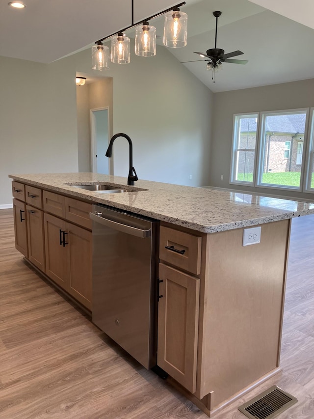 505 Depot St, Chapel Hill, TN 37034 - kitchen with stainless steel dishwasher, light wood-type flooring, a ceiling fan, lofted ceiling, and light stone countertops