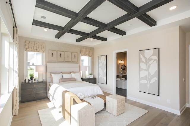 1935 Harmony Rd, Spring Hill, TN 37174 - bedroom with coffered ceiling, beamed ceiling, light wood finished floors, connected bathroom, and recessed lighting