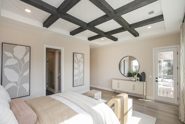 1935 Harmony Rd, Spring Hill, TN 37174 - bedroom with coffered ceiling, recessed lighting, beam ceiling, light wood finished floors, and connected bathroom