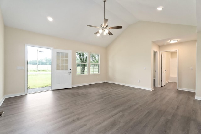 136 E School Dr, Rock Island, TN 38581 - unfurnished living room with a ceiling fan, dark wood-style floors, recessed lighting, and high vaulted ceiling