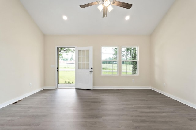136 E School Dr, Rock Island, TN 38581 - unfurnished room with vaulted ceiling, a ceiling fan, recessed lighting, and dark wood-type flooring
