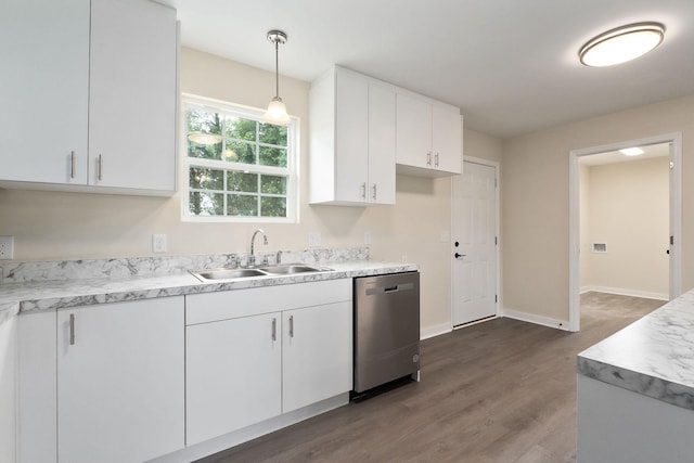 136 E School Dr, Rock Island, TN 38581 - kitchen with dishwasher, white cabinets, light countertops, dark wood-style flooring, and pendant lighting