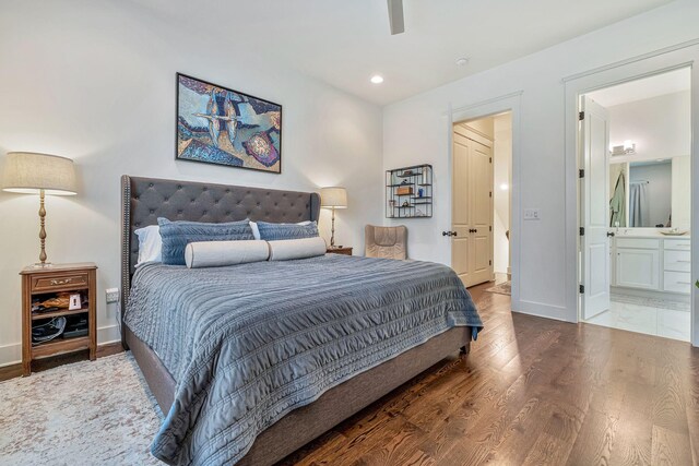 1510B 10th Ave N, Nashville, TN 37208 - bedroom with wood finished floors, connected bathroom, recessed lighting, and a ceiling fan