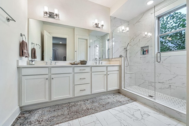 1510B 10th Ave N, Nashville, TN 37208 - full bath featuring marble look tiles, a marble finish shower, and double vanity
