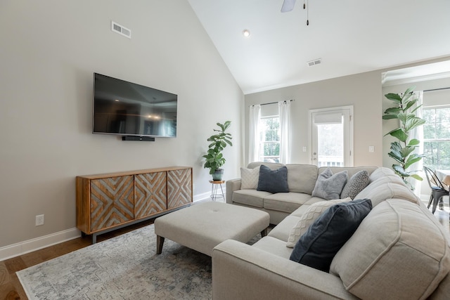 8624 Reba Ln, Hixson, TN 37343 - living area featuring wood finished floors, high vaulted ceiling, and ceiling fan