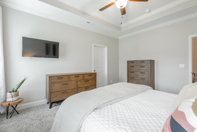 8624 Reba Ln, Hixson, TN 37343 - bedroom featuring light colored carpet, crown molding, a raised ceiling, and a ceiling fan