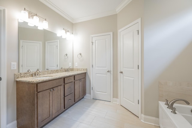 8624 Reba Ln, Hixson, TN 37343 - bathroom featuring double vanity, a garden tub, and crown molding
