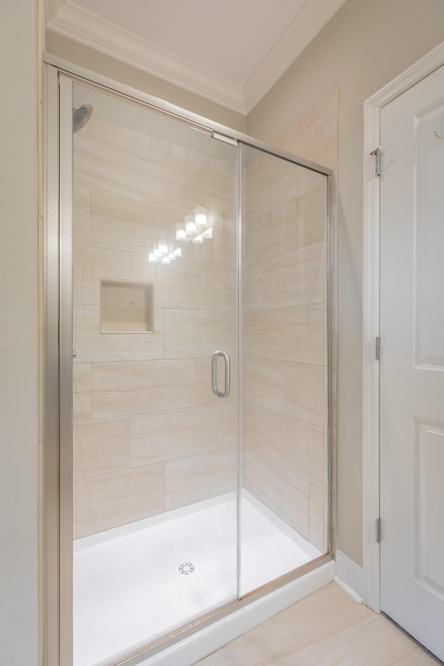 8624 Reba Ln, Hixson, TN 37343 - full bathroom with crown molding and a shower stall