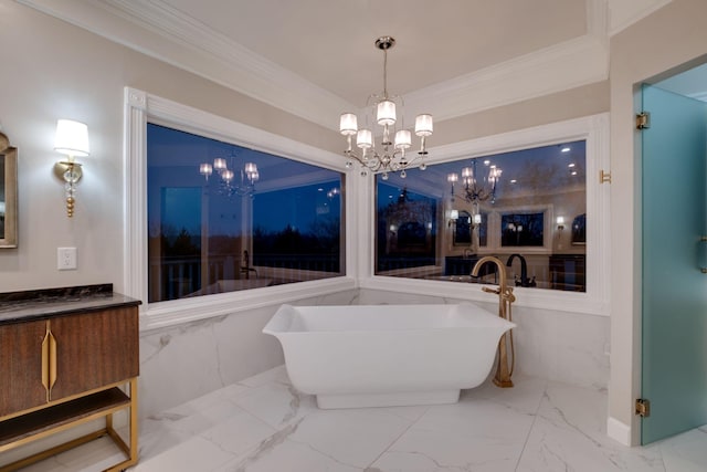 1825 Lake Meadow Trl, Mount Juliet, TN 37122 - full bath with a chandelier, marble finish flooring, a soaking tub, vanity, and crown molding