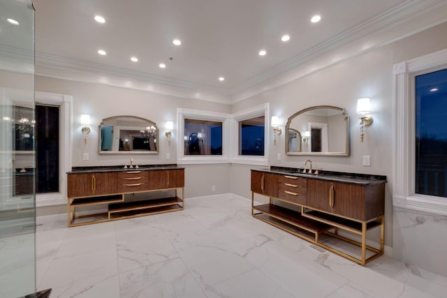 1825 Lake Meadow Trl, Mount Juliet, TN 37122 - bathroom with two vanities, crown molding, marble finish floors, and recessed lighting