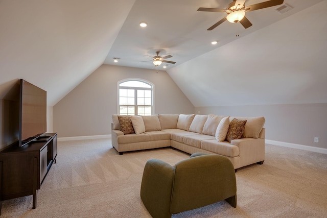 1052 Jackston Mack Way, Gallatin, TN 37066 - living room with ceiling fan, light carpet, vaulted ceiling, and recessed lighting