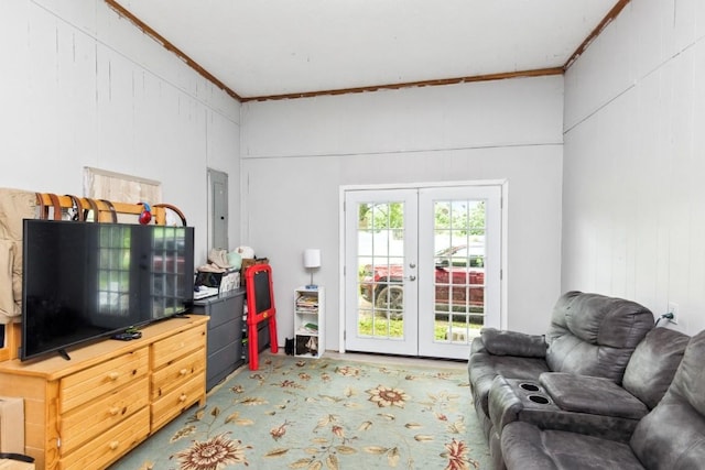 330 Union Camp Rd, Lafayette, TN 37083 - living area featuring french doors, crown molding, and electric panel