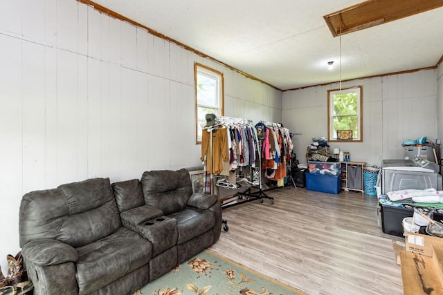 330 Union Camp Rd, Lafayette, TN 37083 - living area with wood finished floors, attic access, crown molding, and wood walls
