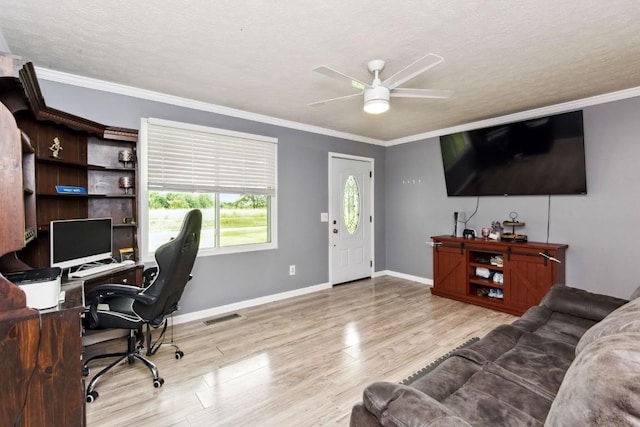 330 Union Camp Rd, Lafayette, TN 37083 - office featuring ceiling fan, wood finished floors, ornamental molding, and a textured ceiling