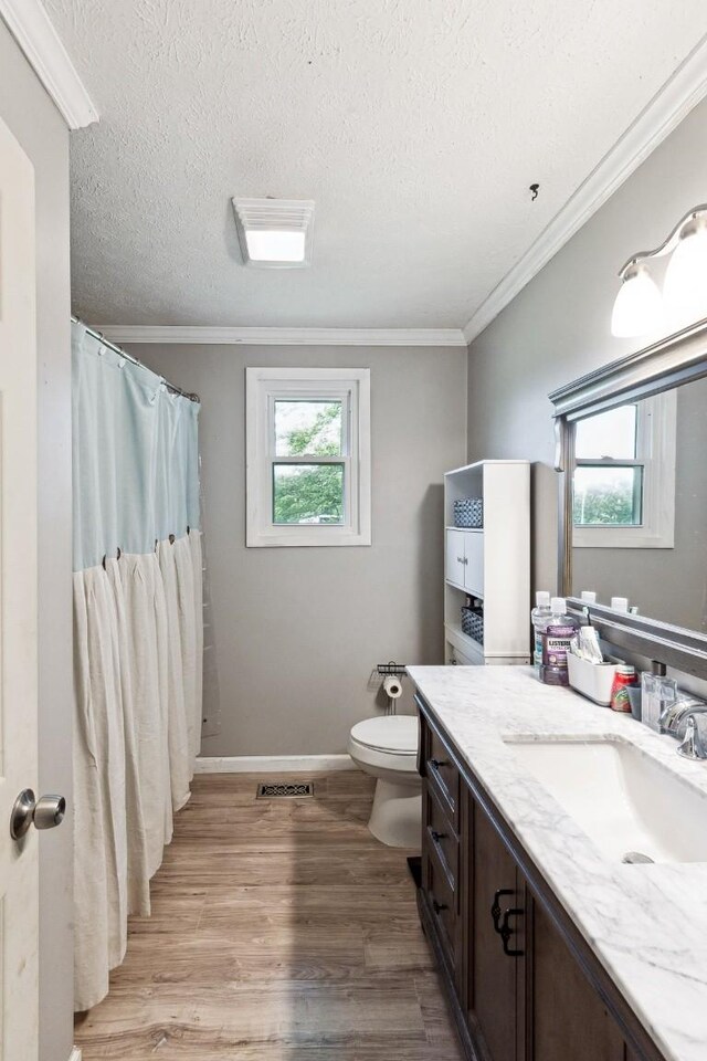 330 Union Camp Rd, Lafayette, TN 37083 - bathroom featuring vanity, a textured ceiling, wood finished floors, crown molding, and a shower with shower curtain