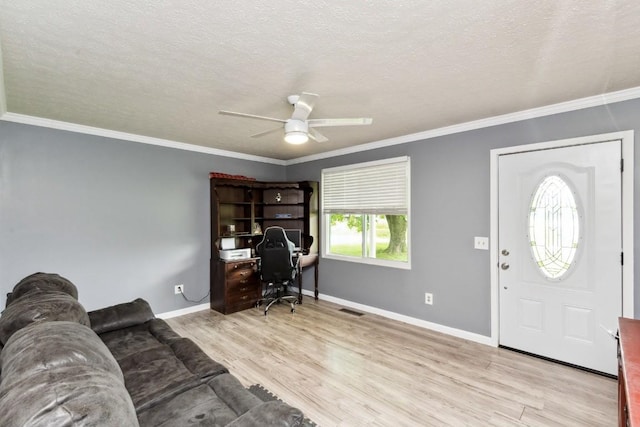 330 Union Camp Rd, Lafayette, TN 37083 - office with ceiling fan, light wood-style flooring, ornamental molding, and a textured ceiling