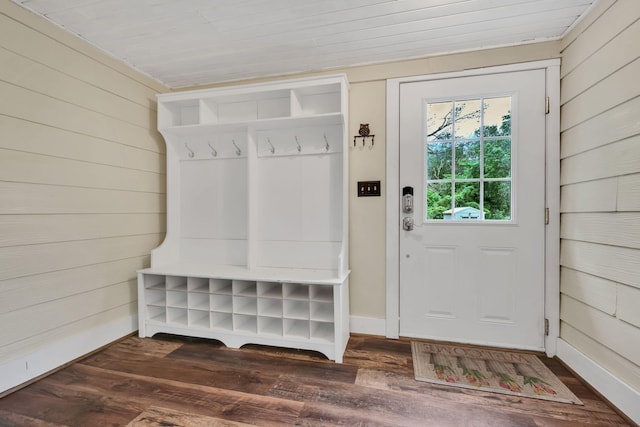 3328 Church St, Burns, TN 37029 - mudroom with wooden walls, dark wood-type flooring, and wooden ceiling
