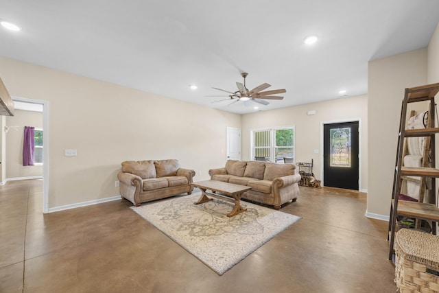 196 Deer Haven Rd, Indian Mound, TN 37079 - living room with finished concrete flooring, ceiling fan, and recessed lighting