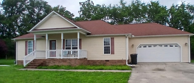 202 Chesapeake Dr, Tullahoma, TN 37388 - view of front of home with a porch, a garage, concrete driveway, crawl space, and a front yard