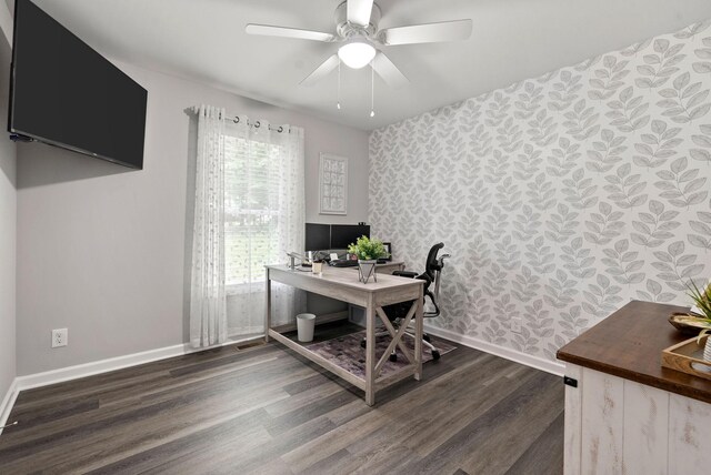 516 Cedarcrest Dr, Chapmansboro, TN 37035 - office featuring ceiling fan, dark wood-style flooring, and wallpapered walls