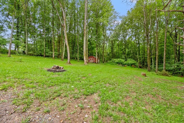 516 Cedarcrest Dr, Chapmansboro, TN 37035 - view of green lawn featuring a shed and an outdoor fire pit