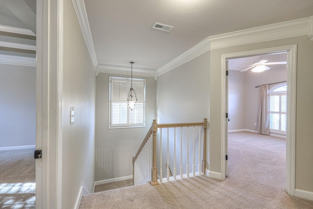 265 Stanley Park Ln, Franklin, TN 37069 - stairway with carpet, crown molding, and a ceiling fan