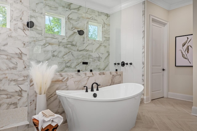 3005 Littlebury Park Dr, Thompsons Station, TN 37179 - full bathroom featuring ornamental molding, a soaking tub, a walk in shower, and tile walls