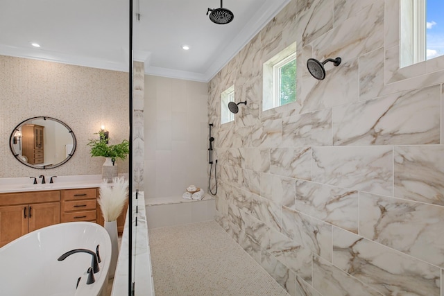 3005 Littlebury Park Dr, Thompsons Station, TN 37179 - full bathroom featuring walk in shower, crown molding, vanity, and a soaking tub