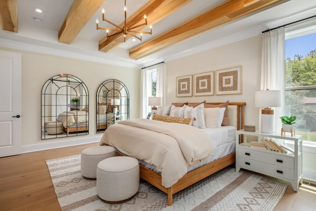 3005 Littlebury Park Dr, Thompsons Station, TN 37179 - bedroom featuring beam ceiling, a chandelier, multiple windows, wood finished floors, and recessed lighting