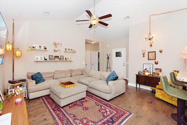 3028 Honeysuckle Dr, Spring Hill, TN 37174 - living area with a ceiling fan, wood finished floors, lofted ceiling, and a chandelier