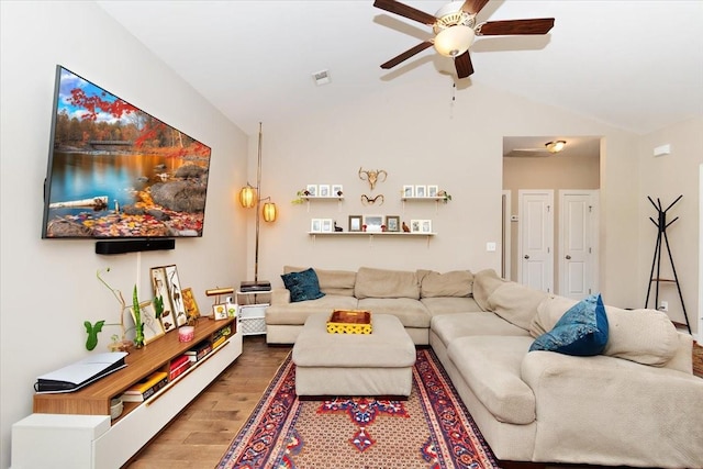 3028 Honeysuckle Dr, Spring Hill, TN 37174 - living room with wood finished floors, a ceiling fan, and lofted ceiling