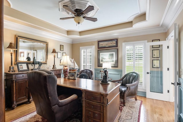 2208 Chadwick Ct, Mount Juliet, TN 37122 - home office with a raised ceiling, a ceiling fan, light wood-type flooring, and crown molding