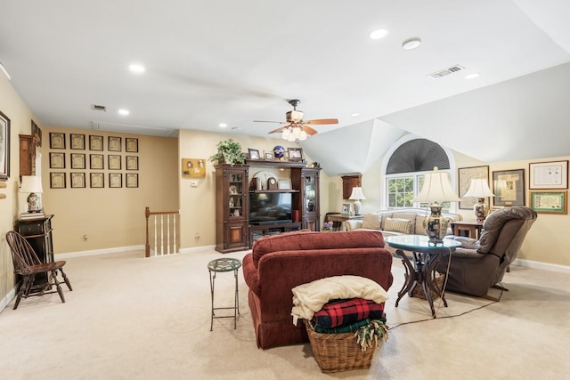 2208 Chadwick Ct, Mount Juliet, TN 37122 - living area featuring light colored carpet, recessed lighting, ceiling fan, and vaulted ceiling