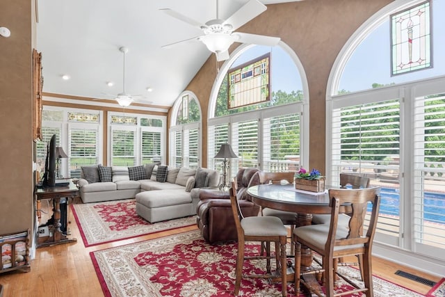 2208 Chadwick Ct, Mount Juliet, TN 37122 - living room featuring high vaulted ceiling, ceiling fan, light wood-style flooring, and recessed lighting