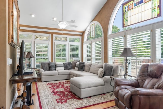 2208 Chadwick Ct, Mount Juliet, TN 37122 - living area featuring wood finished floors, a ceiling fan, and lofted ceiling