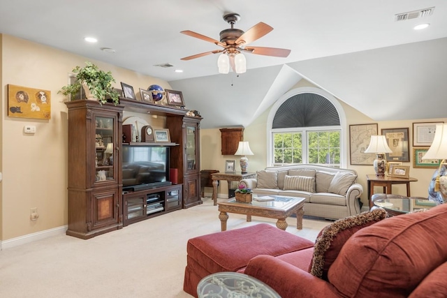 2208 Chadwick Ct, Mount Juliet, TN 37122 - living room featuring light colored carpet, ceiling fan, and lofted ceiling